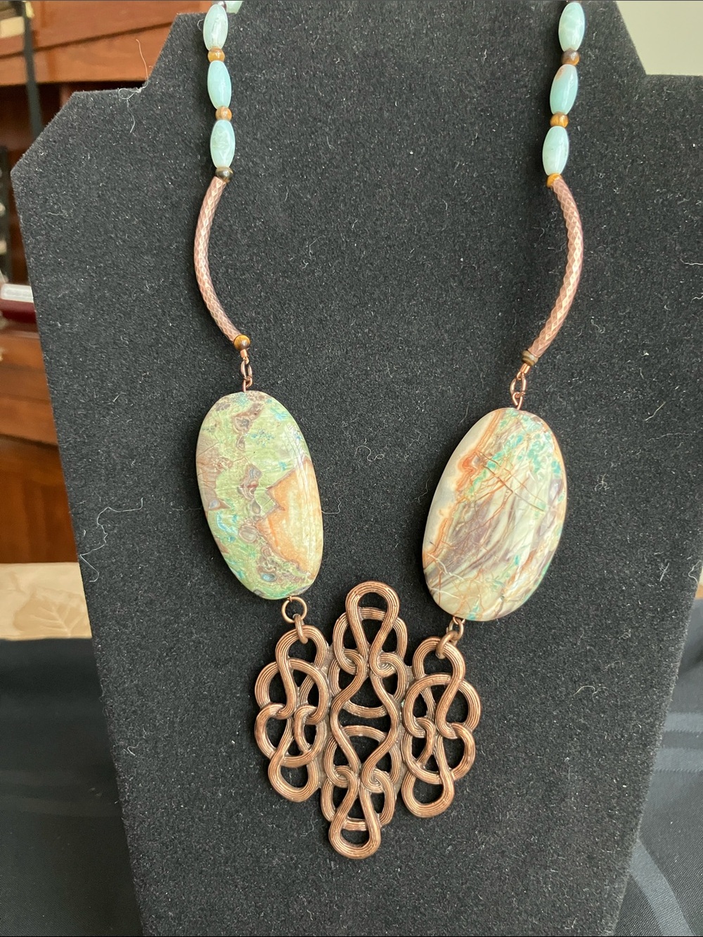 Handcrafted Blue Marbleized Gemstone Necklace with Copper Accents